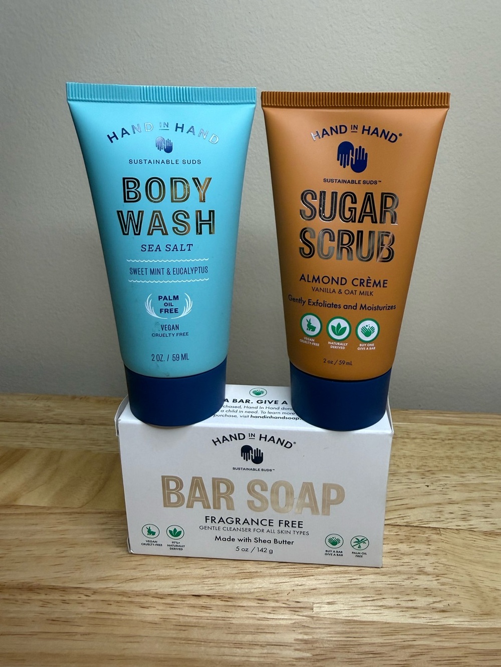 Hand in Hand Body Wash, Sugar Scrub, and Bar Soap